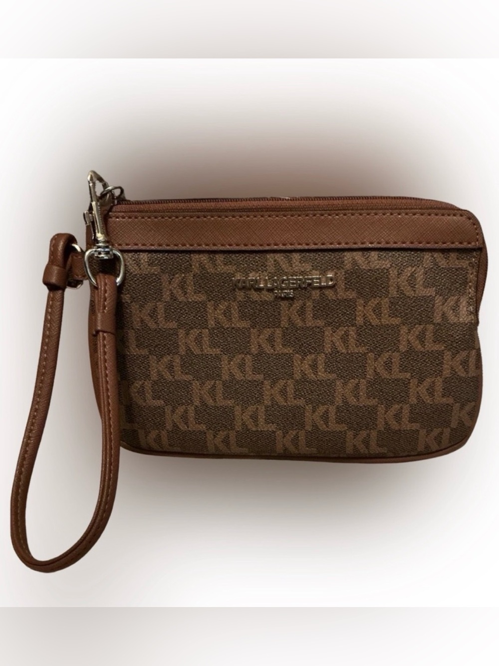 Karl Lagerfeld Paris Tan Monogram Wristlet Wallet Pouch Classic